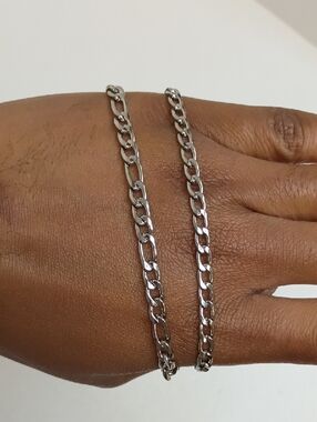 Figaro Chain Bracelet Set Silver Tone Link Stack Classic 2 Piece
